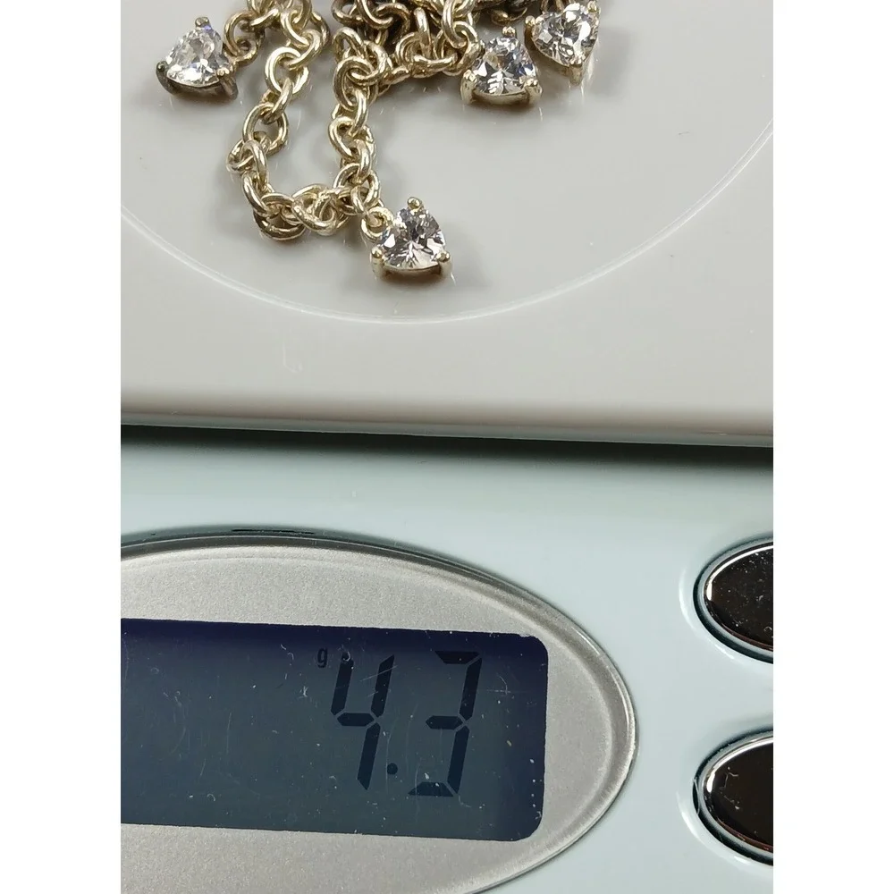 Vintage 1990s Sterling Silver Heart Dangle Charm Bracelet Cubic Zirconia 7 Inch